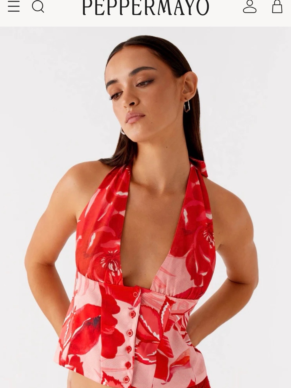 Peppermayo Red and Pink Floral Halter Button-Front Top
